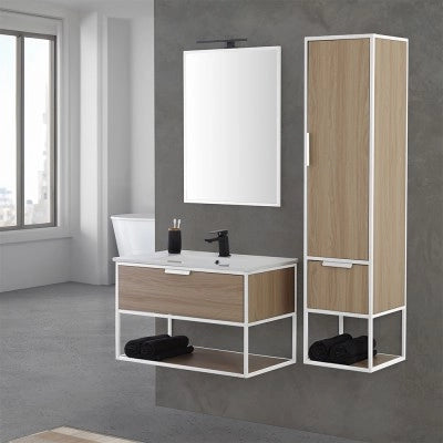 Colonna bagno sospesa H 150 cm stile industrial bianco e legno Baketo