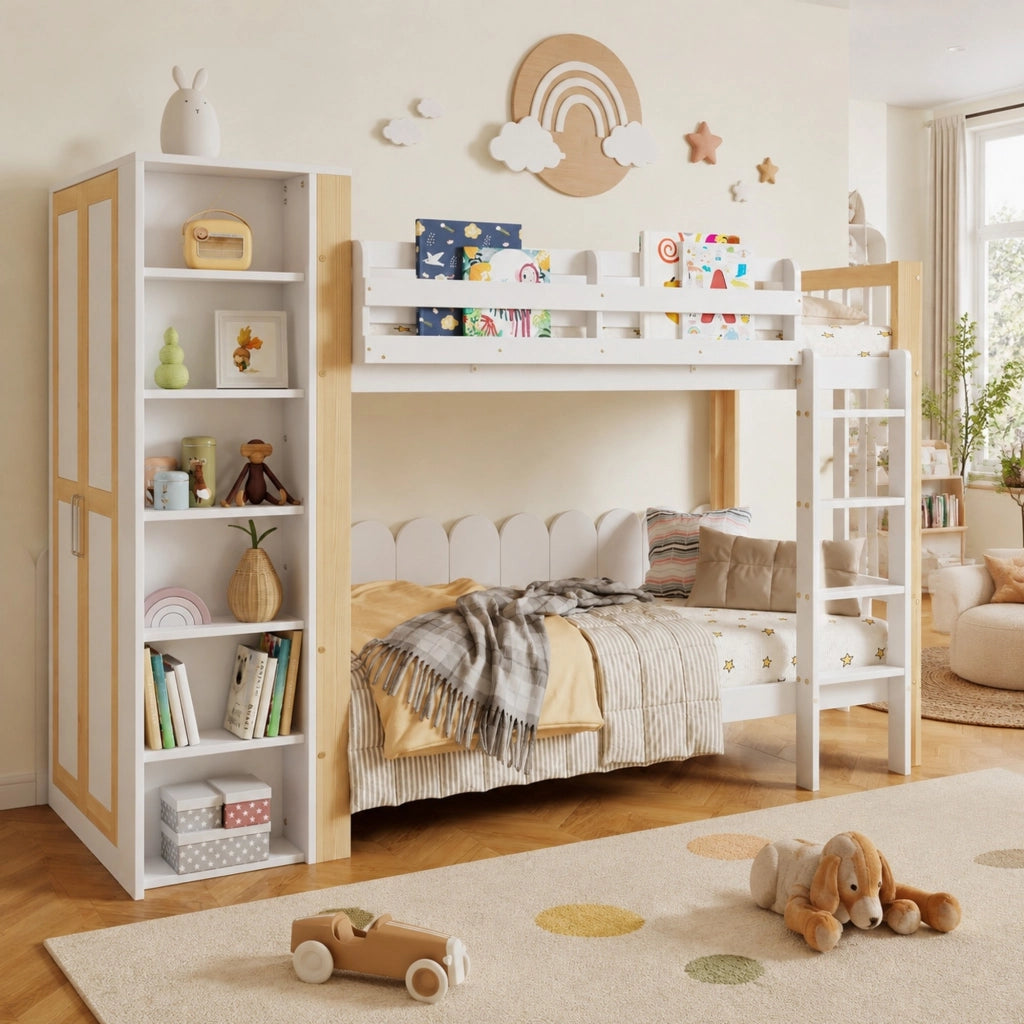 Letto a castello per bambini 90x200 cm con armadio laterale; scala a 4 gradini; bianco/naturale