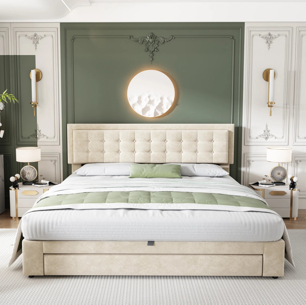 Letto contenitore 180x200 cm con testiera regolabile; in velluto beige