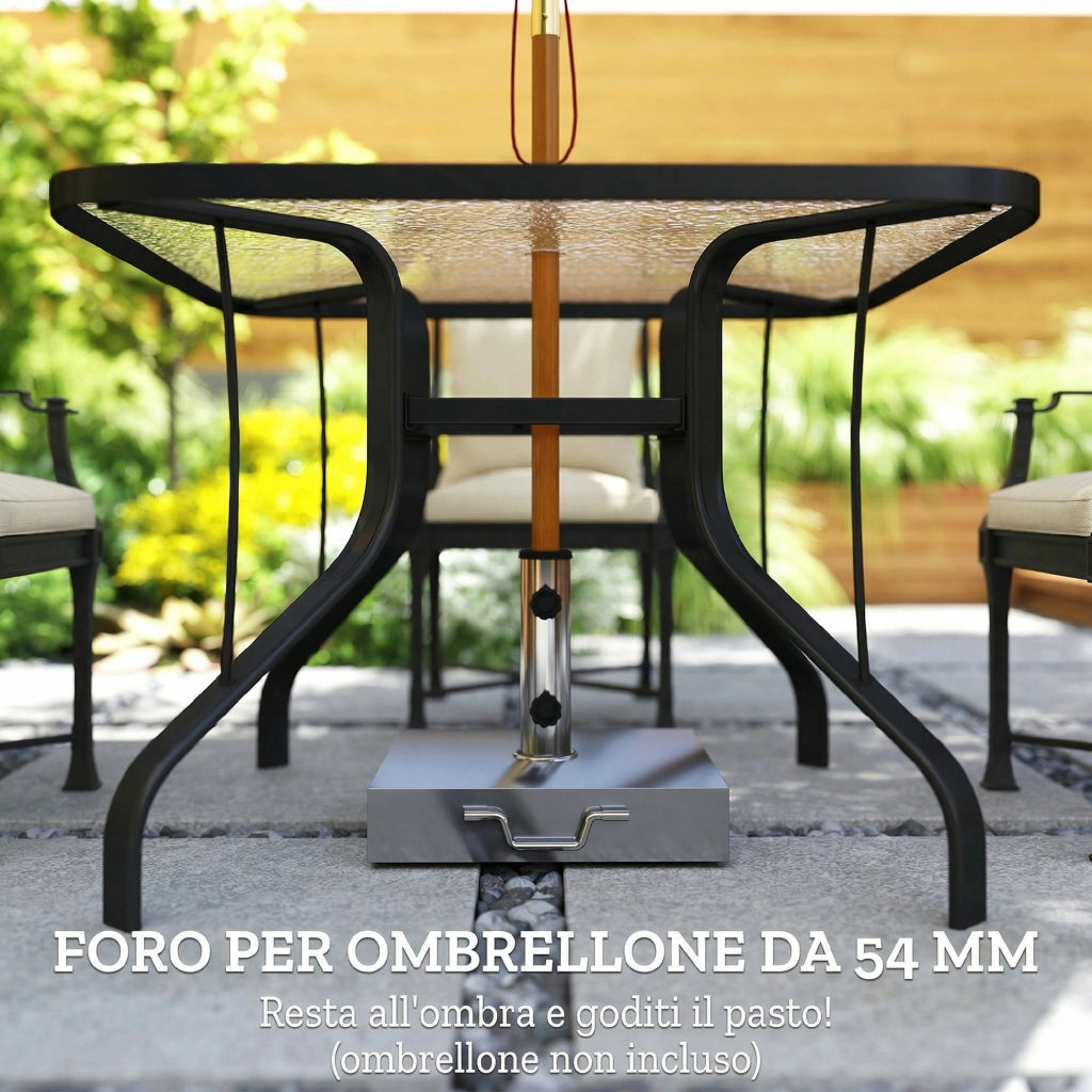Tavolo da Giardino Quadrato a 4 Posti con Piano in Vetro e Foro per Ombrellone ?43 mm, Nero