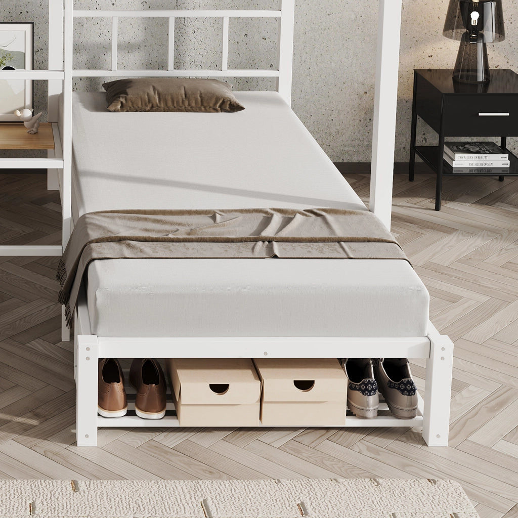 Letto a Castello 140x200 e 90x200 cm; Letto 3 Posti; con Mensola e Scarpiera in Metallo