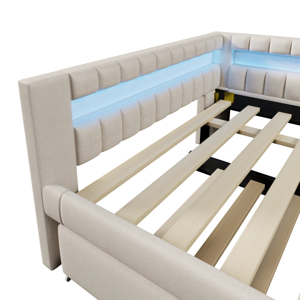 Letto estraibile matrimoniale 140×200 cm con LED; USB; Type-C; senza materasso; lino; beige