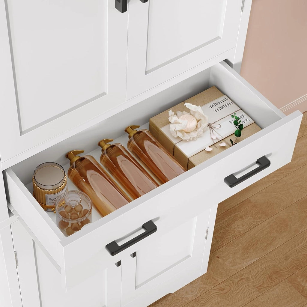 Mobile Bagno con 4 Porte e 1 Grande Cassetto, Mobiletto Bagno Salvaspazio con Ripiano Regolabile, Armadio Bagno – per Soggiorno, Cucina, Bianco, 60x30x148 cm