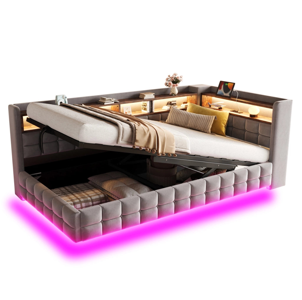 Letto imbottito 90x200 cm con contenitore idraulico; LED; USB-C; ripiani; velluto grigio chiaro