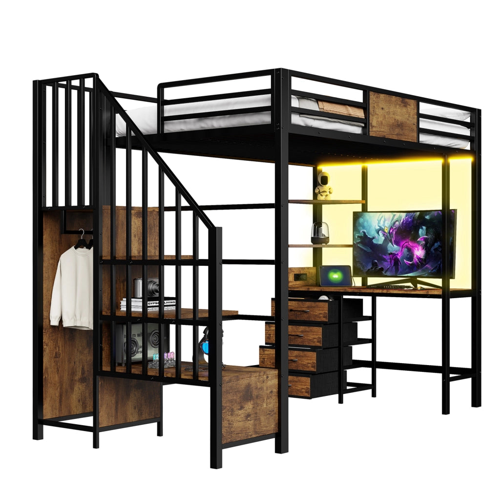 Letto a soppalco 90x200 cm in metallo con scrivania, ripiani, appendiabiti, LED e presa