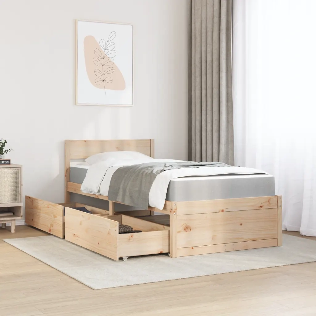 Letto con Cassetti e Materasso-Struttura Letto con contenitore 90x190 cm Legno Massello di Pino