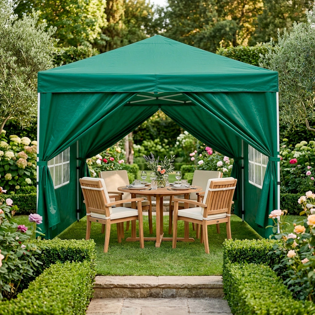 Gazebo Pieghevole Da Giardino Con Pareti Laterali E Finestre Trasparenti Sistema Pop Up Copertura Impermeabile UV50+ Telaio In Acciaio Per Eventi Outdoor 3 x 3 x 2.59 M Verde