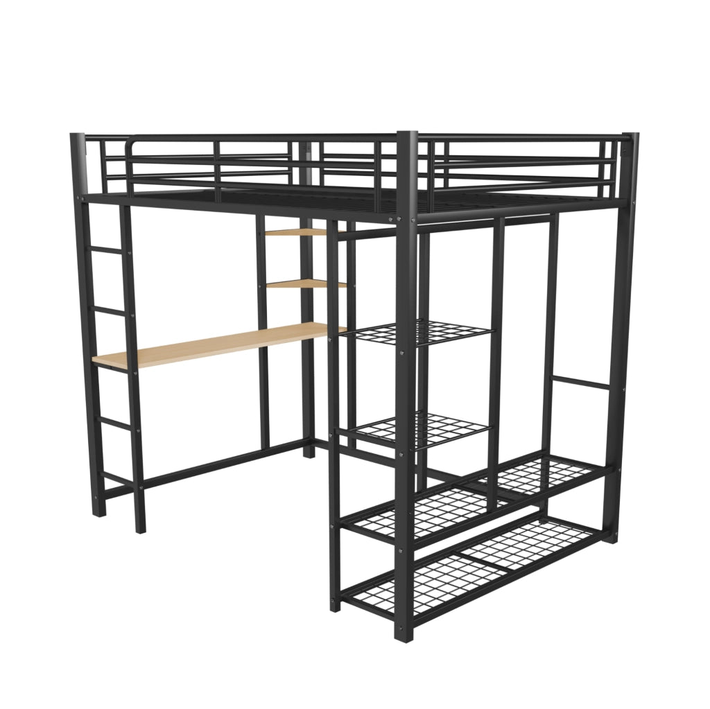 Letto a soppalco in metallo 140x200 cm con scrivania; armadio e ripiani; nero