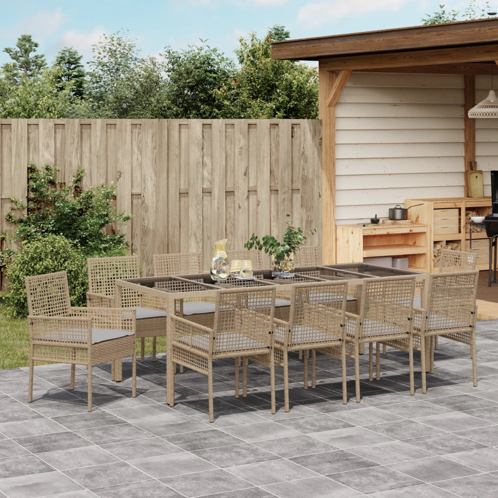 Set da Pranzo per Giardino da 11 Pezzi con Cuscini Beige Polyrattan