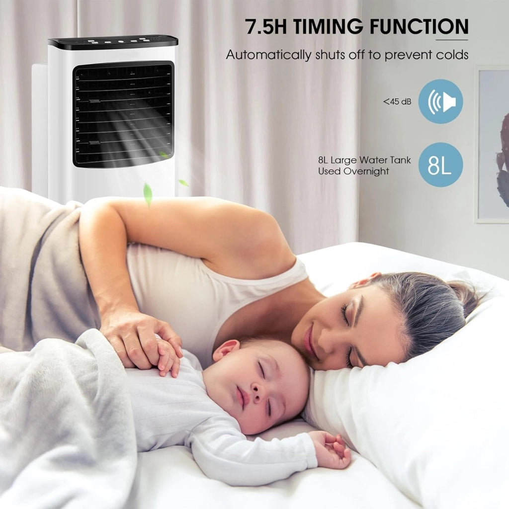 Ventilatore Senza Tubo 75W, 3 in 1 Air Cooler & Ventilatore & Umidificatore con Telecomando, 3 Velocità, Timer 7,5H, Serbatoio Acqua 8L, 38 X 28 X 74 CM, per Salone, Camera da Letto, Ufficio