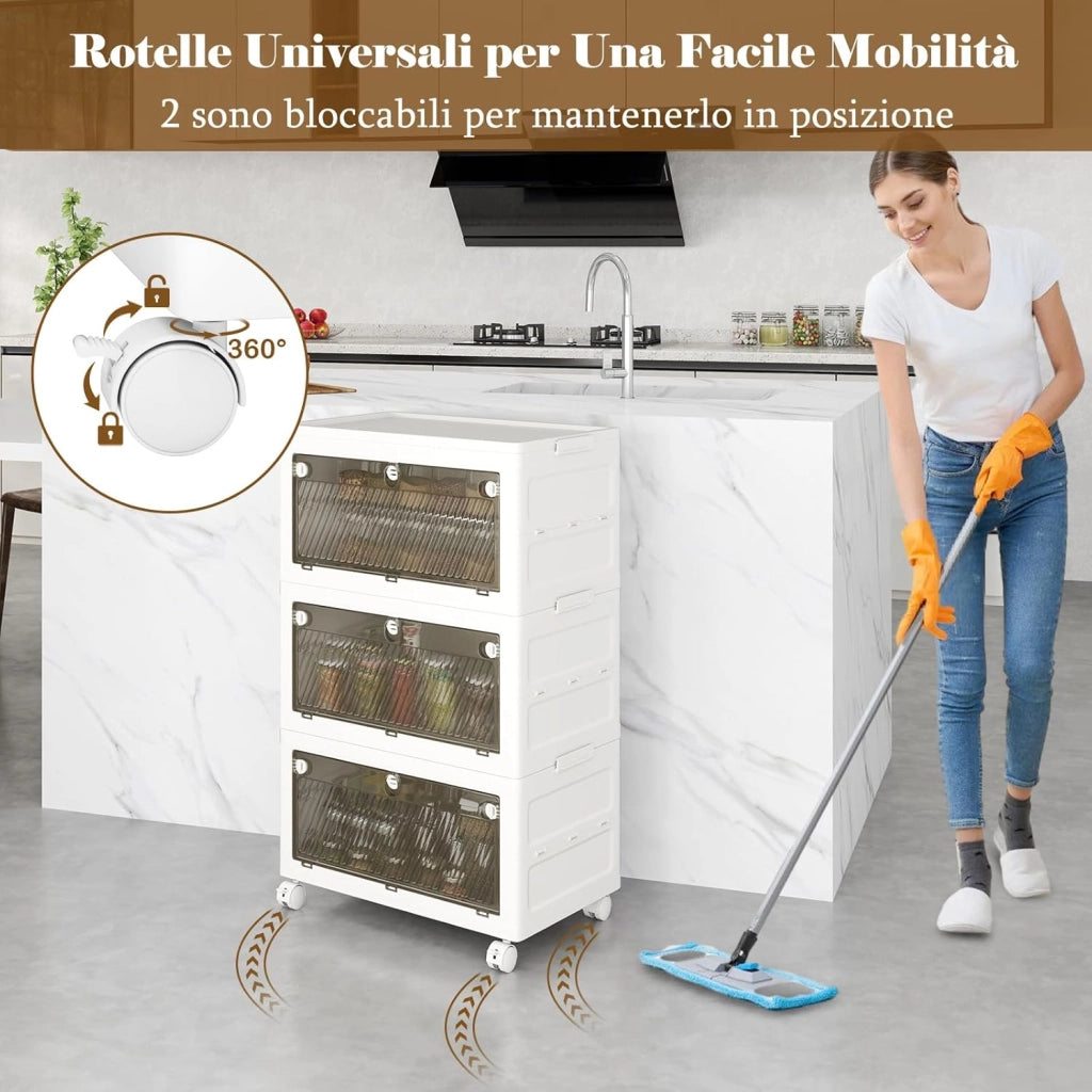 Comodino in Plastica Multipiano con Coperchio 126 L, Scatole Impilabili con 4 Ruote e Freni, Contenitori di Stoccaggio Pieghevole, per Soggiorno, Camera da Letto e Bagno, Bianco (3 Ripiani)
