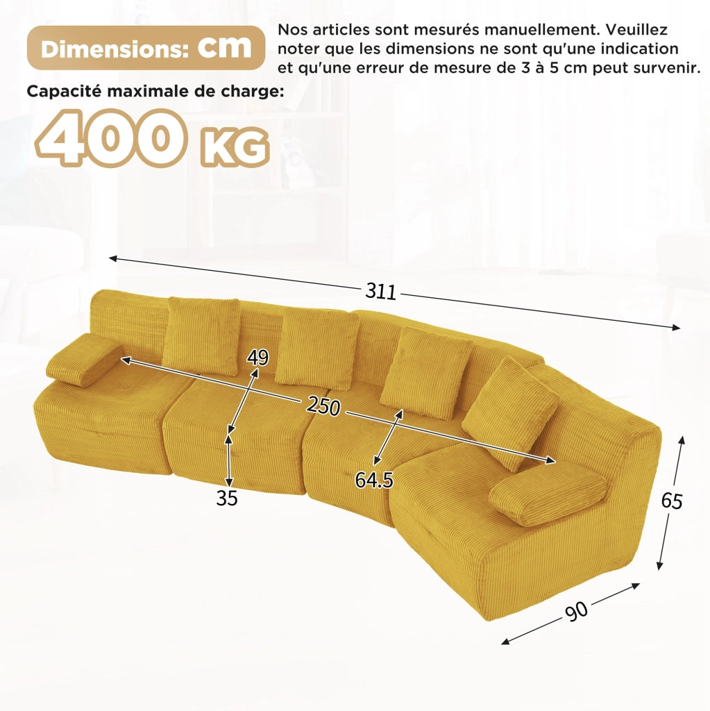 Divano modulare 4 posti in tessuto corduroy giallo brillante; 311 x 90 x 65 cm