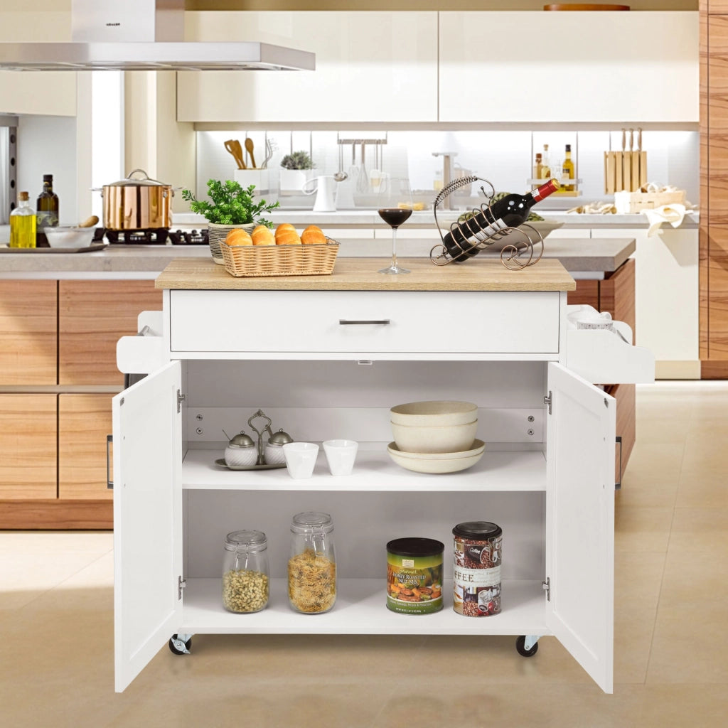 Isola da cucina con mensola regolabile in 3 posizioni, Carrello da cucina con ruote di gomma Bianco-Carrelli