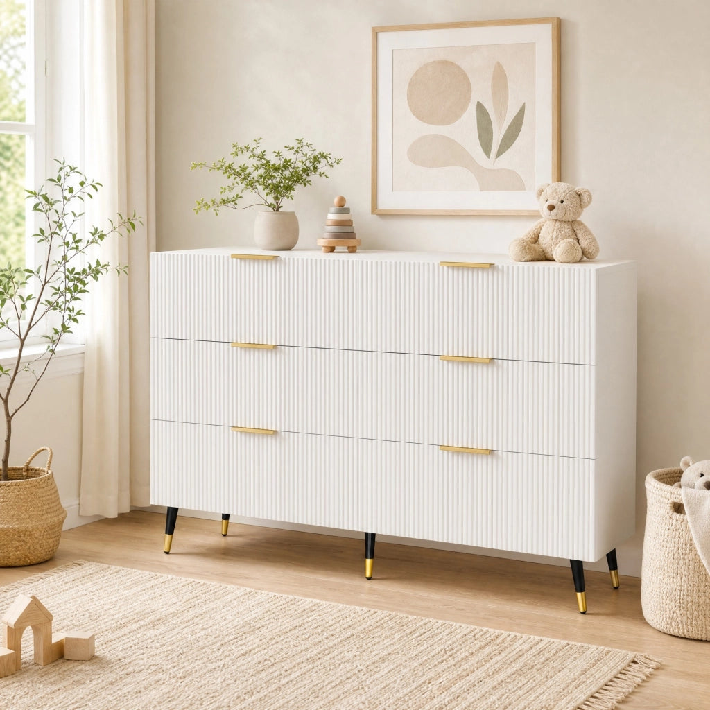 Credenza moderna bianca 120 cm con 6 cassetti; in truciolare; con dettagli oro