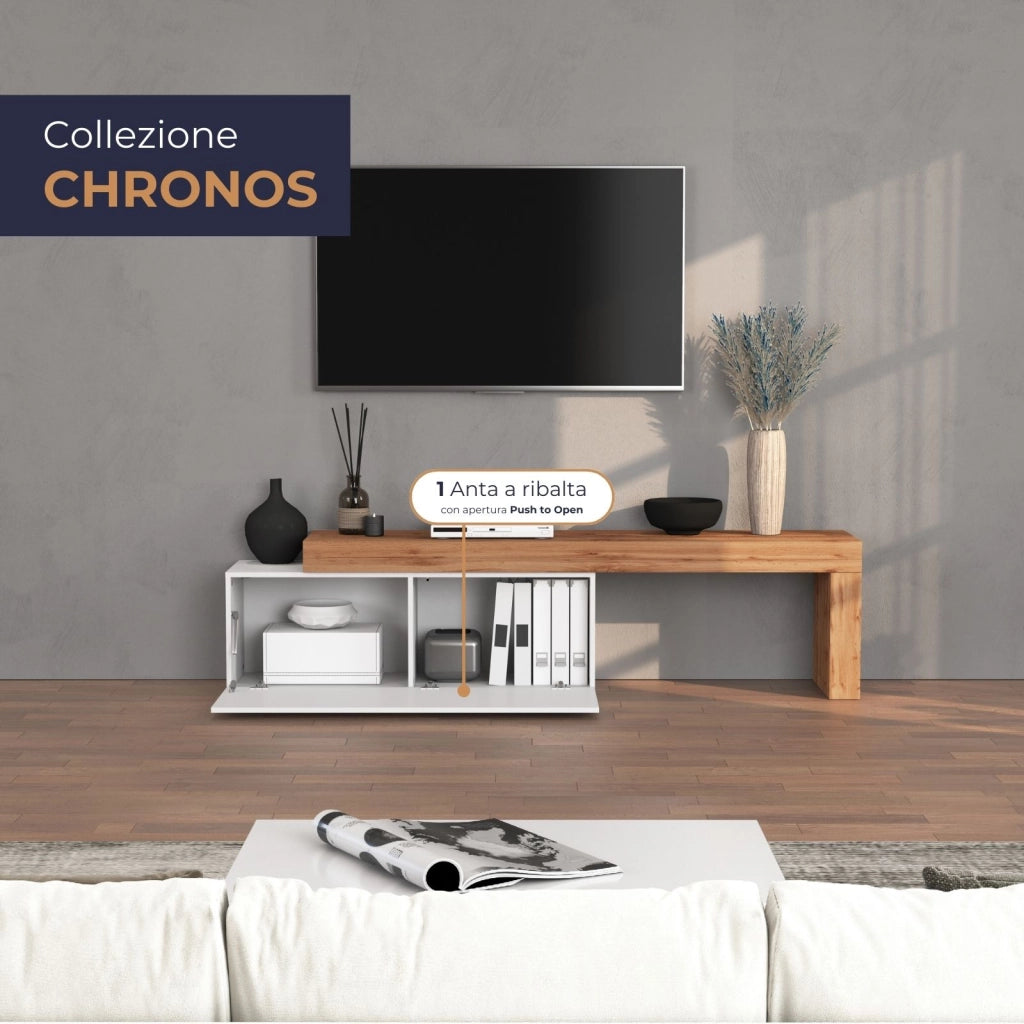 WHOUS Mobile porta tv Chronos estensibile con 1 anta a ribalta bianco/rovere 180/290x40x51 cm