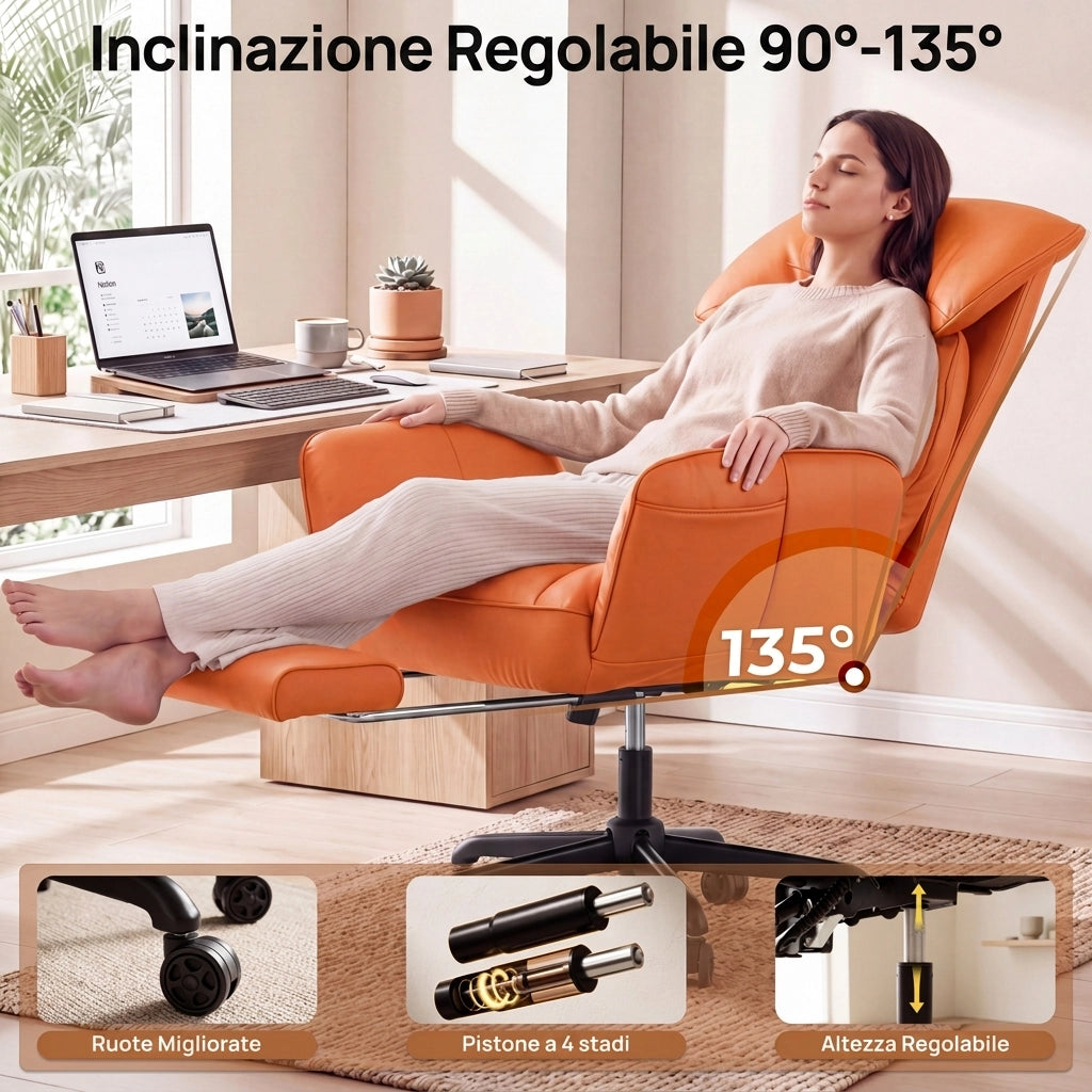 Sedia da ufficio ergonomica - Con corrimano e poggiapiedi - Con braccioli regolabili - Schienale regolabile - Arancione