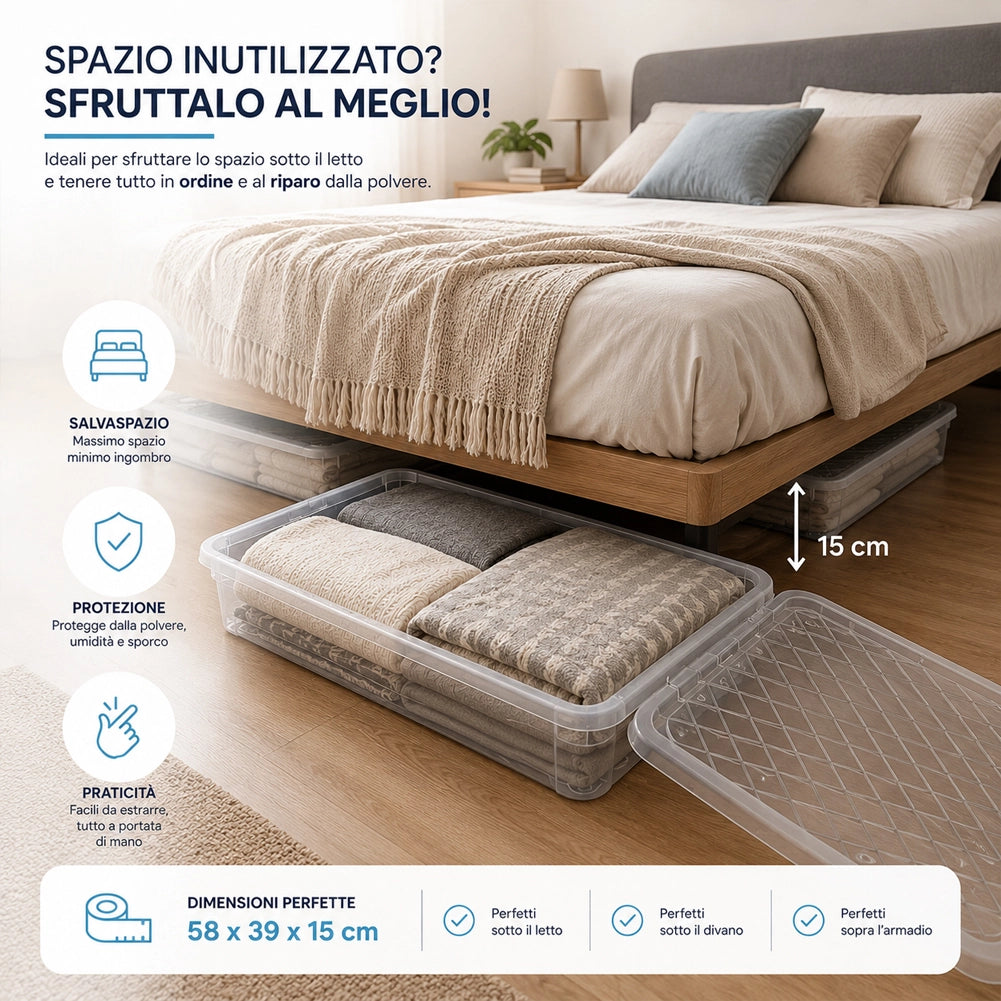 4 Pezzi Storage Box Marea Contenitori Sottoletto in Plastica 20L x 4Pz 58x39x15cm