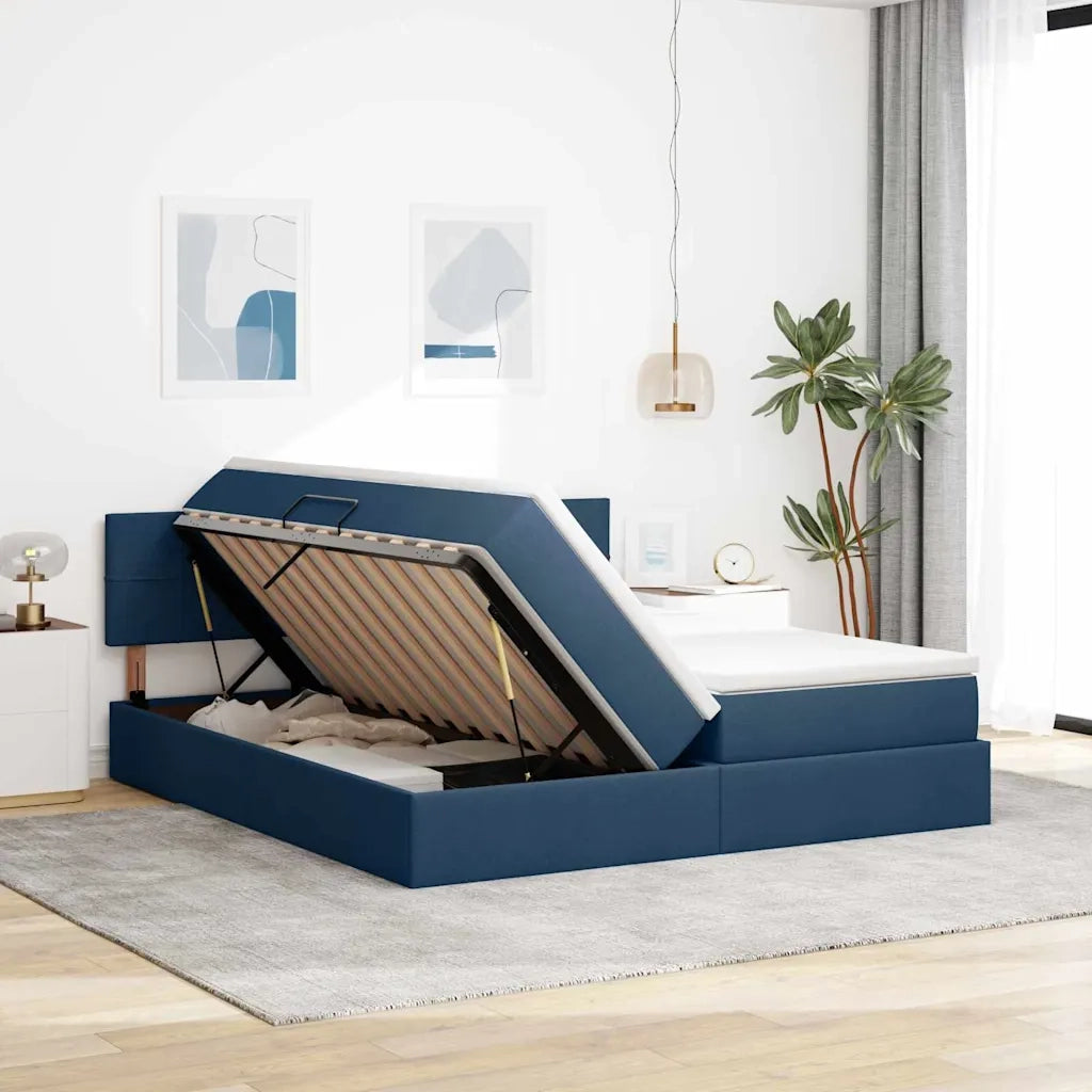 Letto con contenitore LED e materasso Blu 200 x 200 cm Tessuto