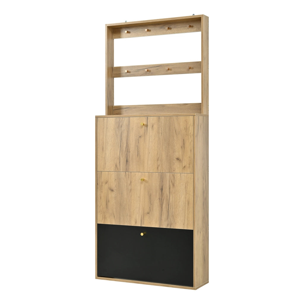 Scarpiera, mobile da ingresso con ganci, 75 x 180 x 24 cm, color legno naturale e nero