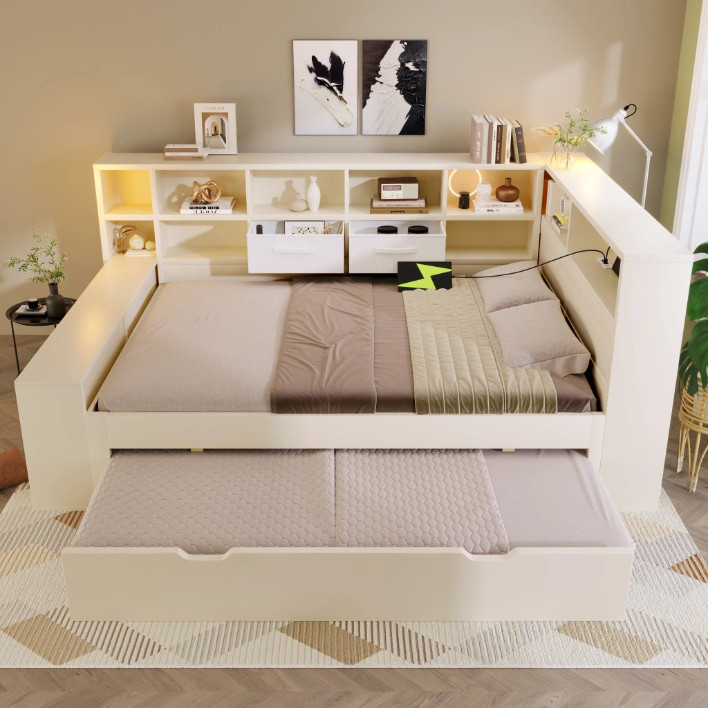 LETTO estraibile 140x200 cm legno bianco con 8 vani portaoggetti e porte USB
