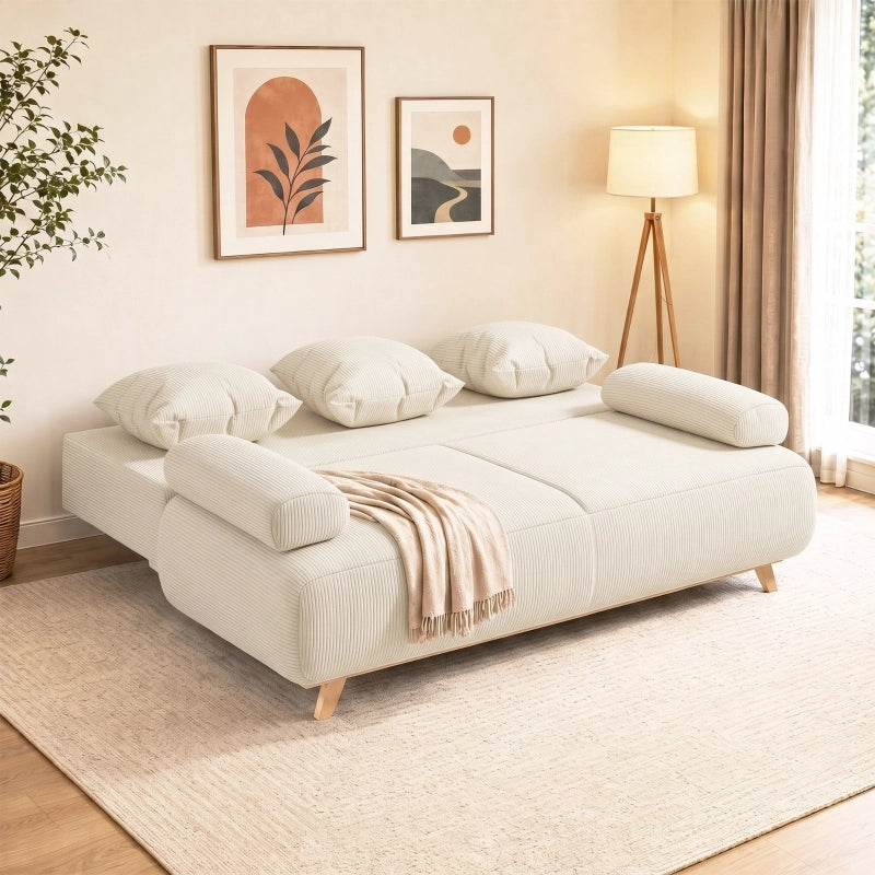 Divano letto 3 posti con contenitore e schienale regolabile in velluto a coste beige
