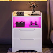 Comodino con prese e illuminazione LED (2 prese AC e 2 porte USB) - comodino con 2 cassettoni e 1 cassetto aperto - tavolino da notte - tavolino da appendere - tavolino per soggiorno - camera da letto - bianco