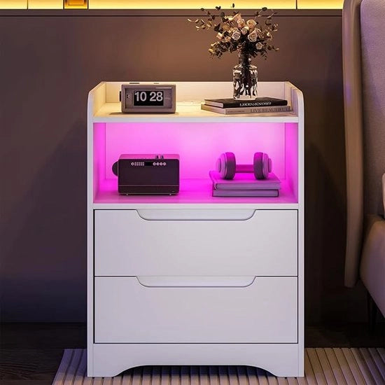 Comodino con prese e illuminazione LED (2 prese AC e 2 porte USB) - comodino con 2 cassettoni e 1 cassetto aperto - tavolino da notte - tavolino da appendere - tavolino per soggiorno - camera da letto - bianco