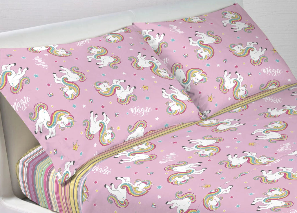 Completo Lenzuola In 100% Cotone Disegno Unicorno - Singolo - Unicorno