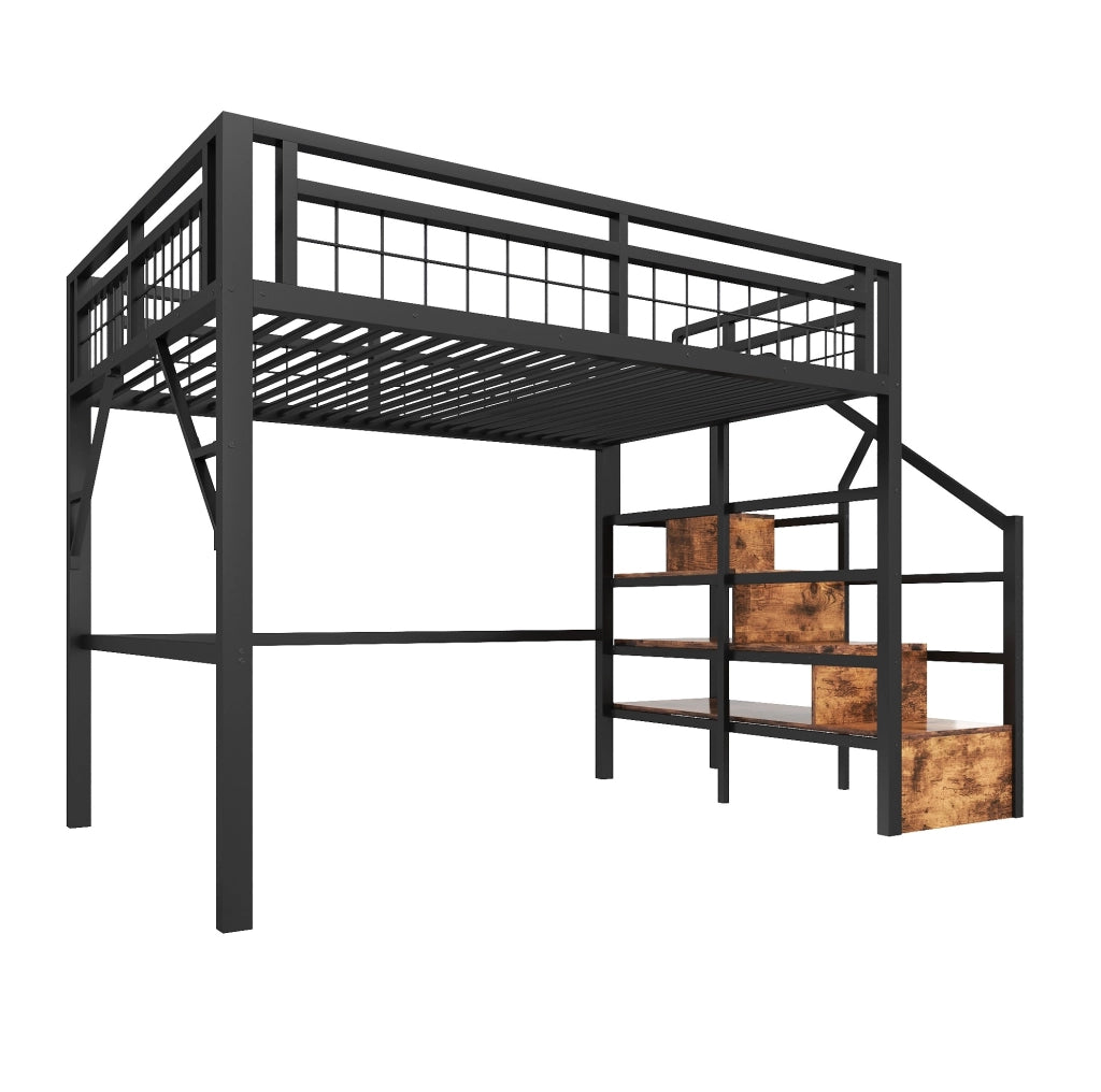 Letto a soppalco 140x200 cm in metallo e MDF con LED e scale contenitore; nero