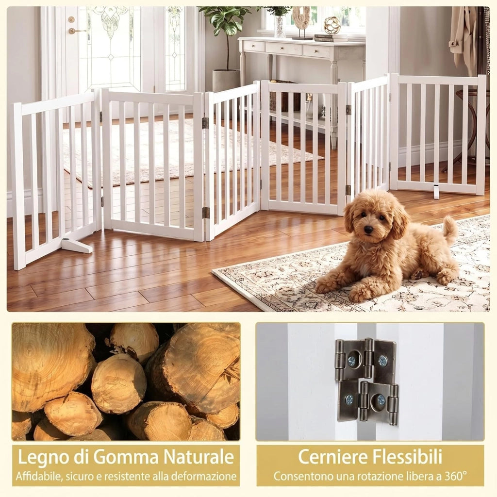 Cancelletto per Cani a 6 Pannelli, Cancello Pieghevole da Interno in Legno Massello, Semimontato, Barriera di Sicurezza Autoportante per Camino e Porta e Scala, 306 x 61 cm