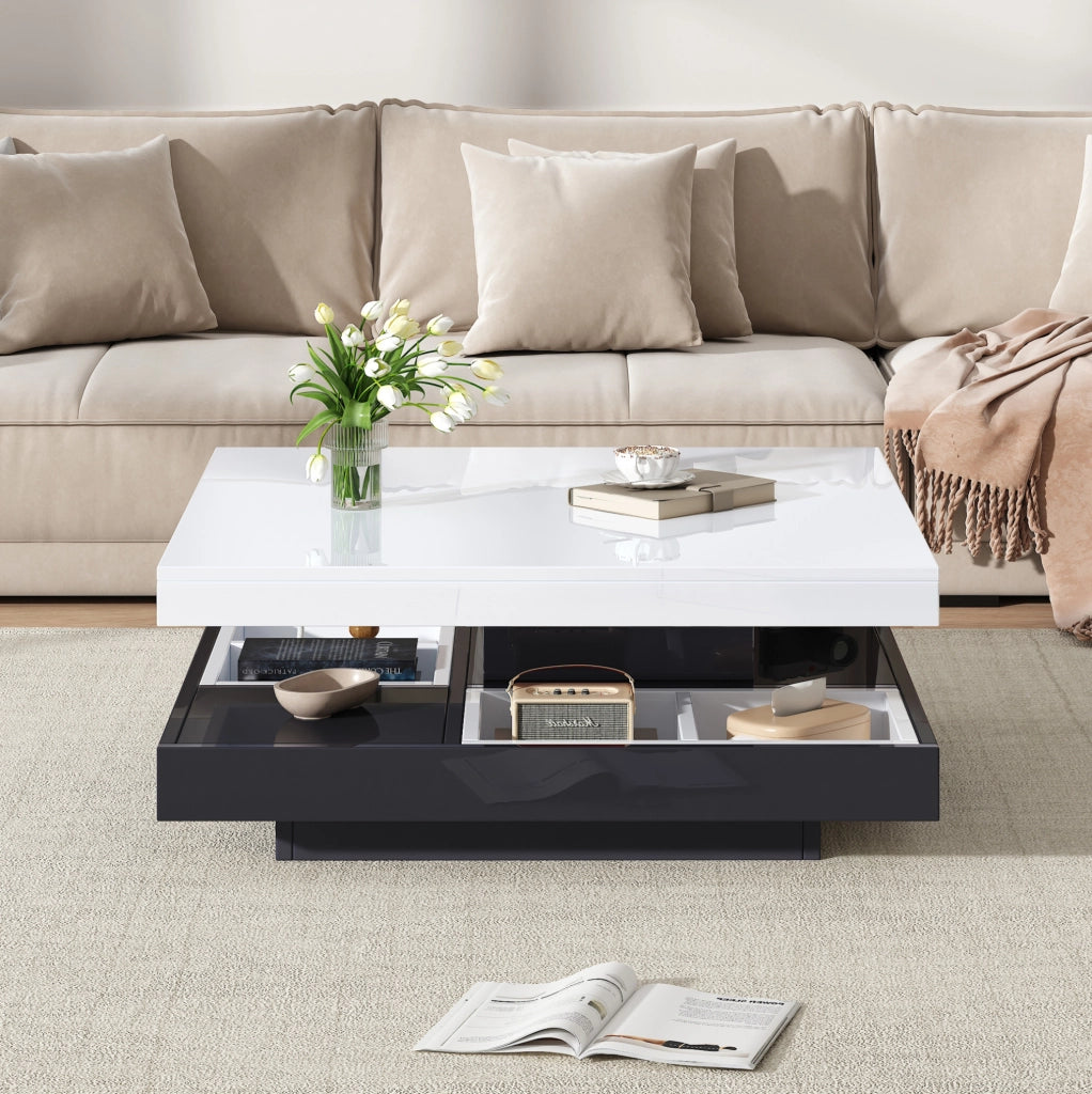 Tavolino da salotto girevole 360° 70x70x36 cm in truciolare bianco e nero; con vano portaoggetti