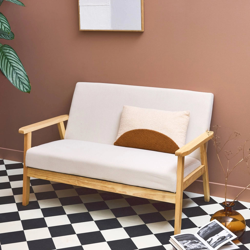 Divano in velluto a coste con gambe in legno, 2 posti, crema