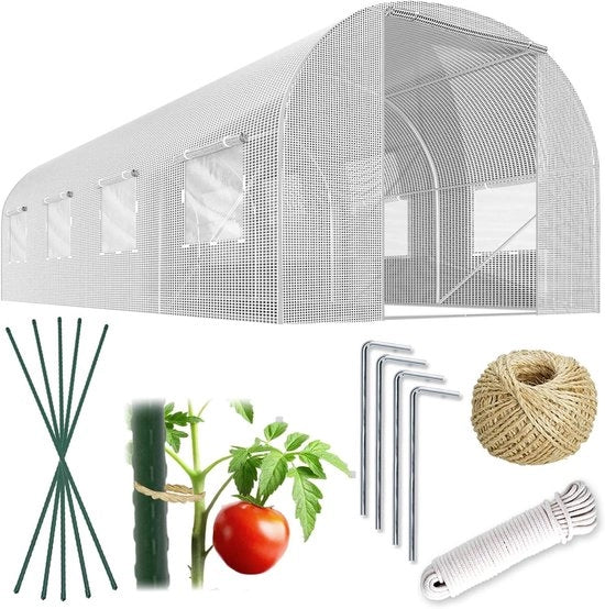Foglia tunnel climatizzato con struttura in acciaio, set di supporti per piante e accessori - 2 x 45 x 2 m, 9 m², bianco