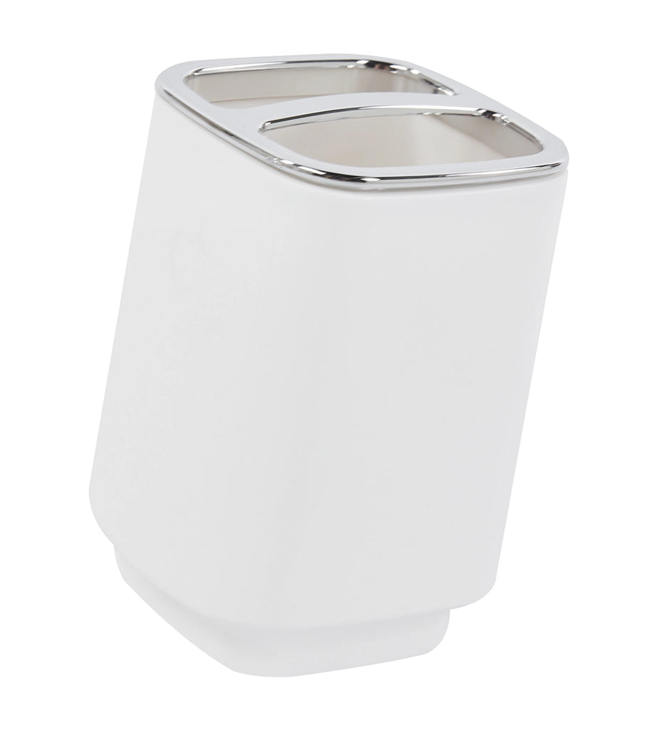 Set Completo Accessori Bagno 6 Pezzi Design Moderno In Plastica Resistente Con Finiture Lucide Incluso Cestino Pattumiera,Dispenser Sapone, PortaSaponetta, Porta Spazzolini, Portascopino - Bianco