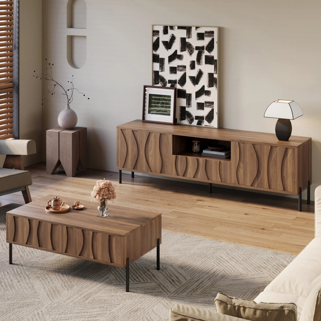 OKWISH Set di 2 Mobili da Soggiorno, Mobile TV e Tavolino con Vani Aperti e Cassetti, MDF Naturale