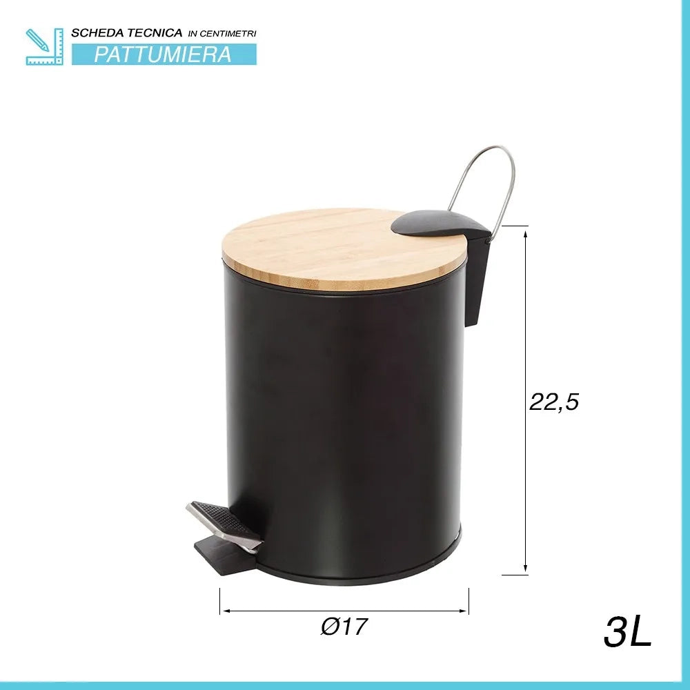 Pattumiera bagno con pedale in acciaio nero opaco e bambù 3 Lt Haiti
