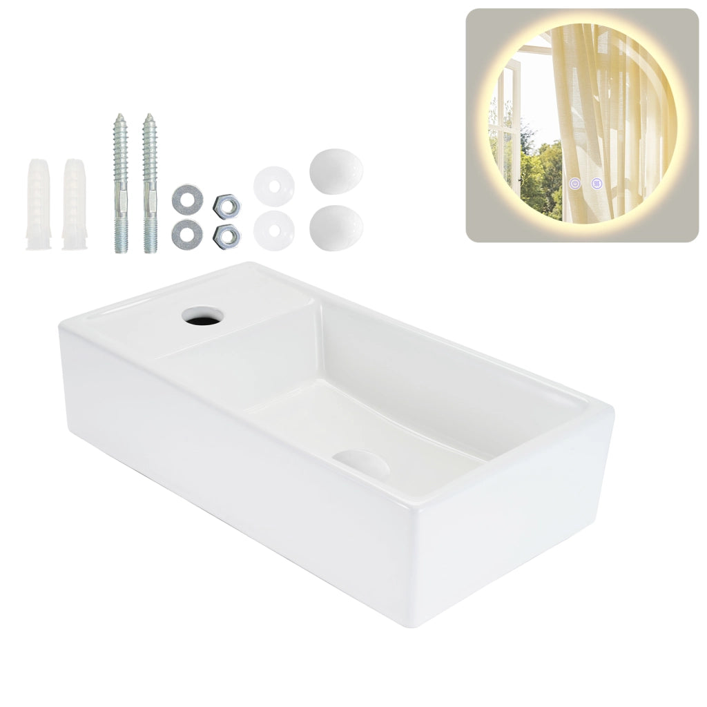 ZMH Lavabo da appoggio rettangolare in ceramica 40x22x10cm bianco lucido