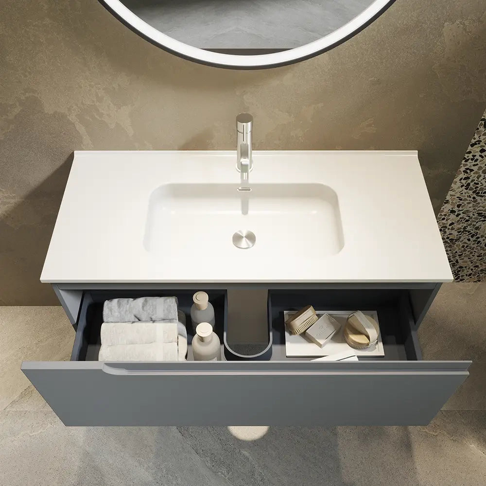 Mobile bagno sospeso 80 cm un cassetto color grigio opaco con lavabo  | Moor