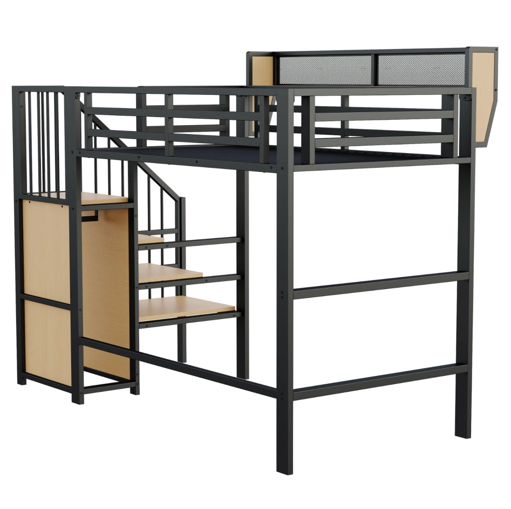 Letto a soppalco 90x200 in metallo con scala di sicurezza e ripiano modulabile, nero