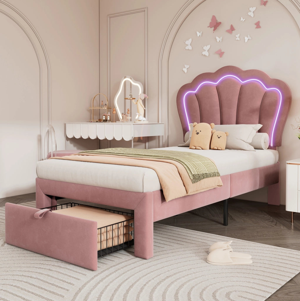 Letto imbottito con LED RGB, testiera regolabile e cassetto contenitore
