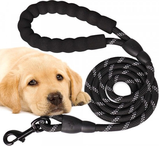 Riem per Cani Riflettente – Corda per Cani in Nylon – Con Attacco per Cani S - Riem per Cani con Maniglione Fino – Nero – 120CM