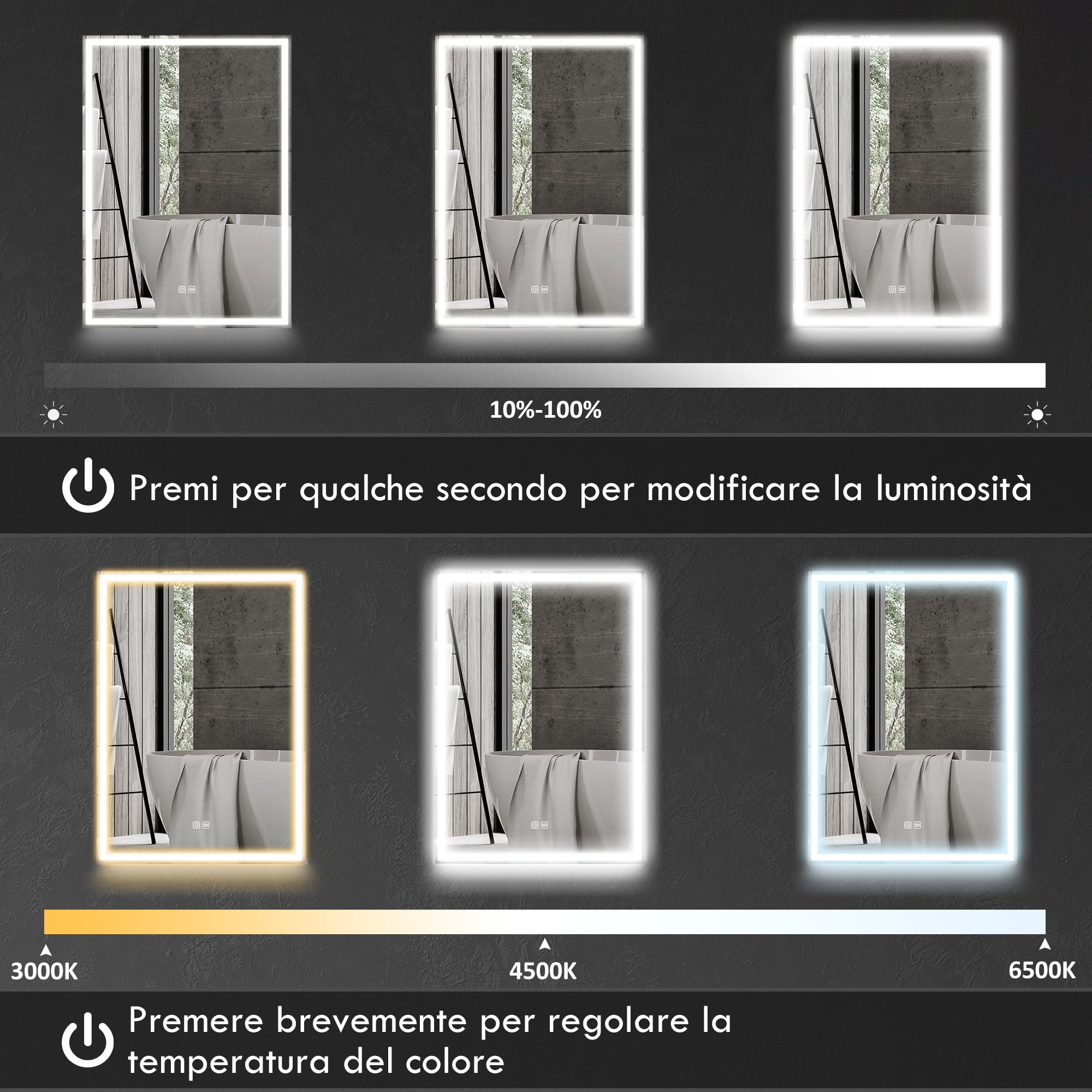 Armadietto da Bagno con Specchio Luci LED Regolabili e Funzione Anti-Appannamento in Alluminio Nero