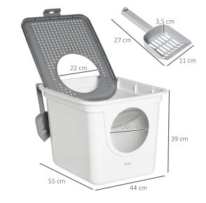Toilette per gatti ULEVR con coperchio e paletta, doppio accesso, 44x55x39 cm, bianca