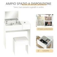 Tavolo da Trucco con Specchio Richiudibile, Tavolo da Trucco Moderno, con Sgabello, Vano Contenitore (4 Scomparti), MDF Bianco, 80x40x79 cm