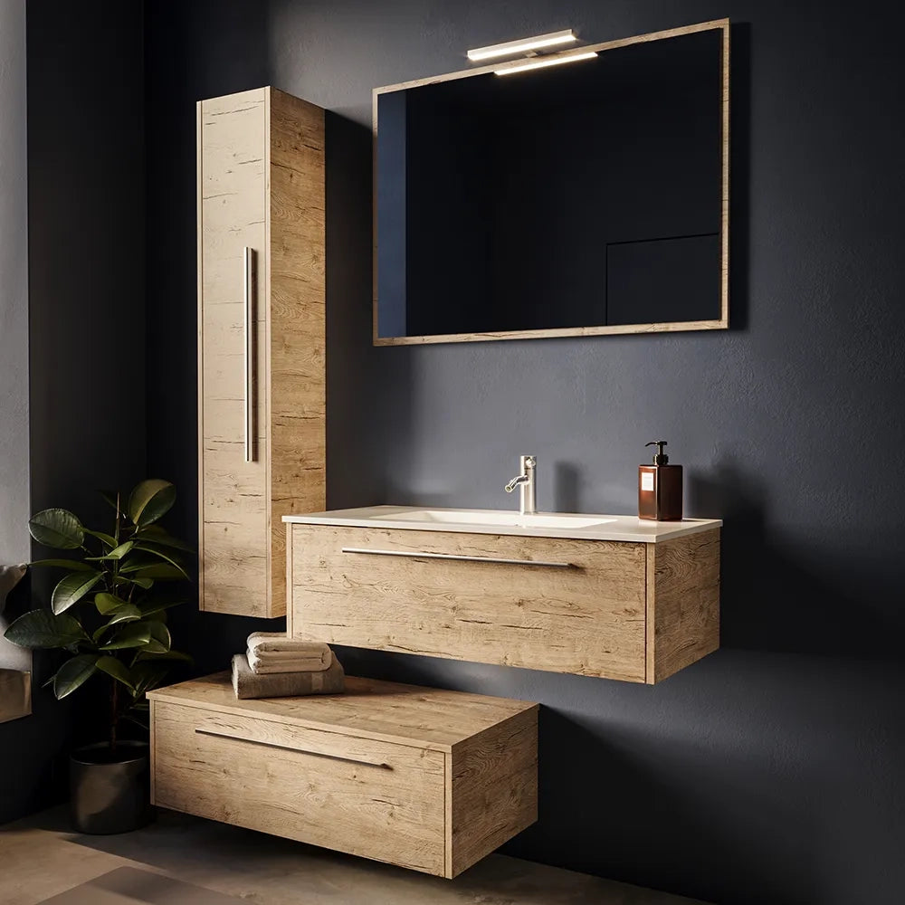 Mobile bagno sospeso modulare 100cm due cassetti rovere naturale con lavabo e specchio | Aoki