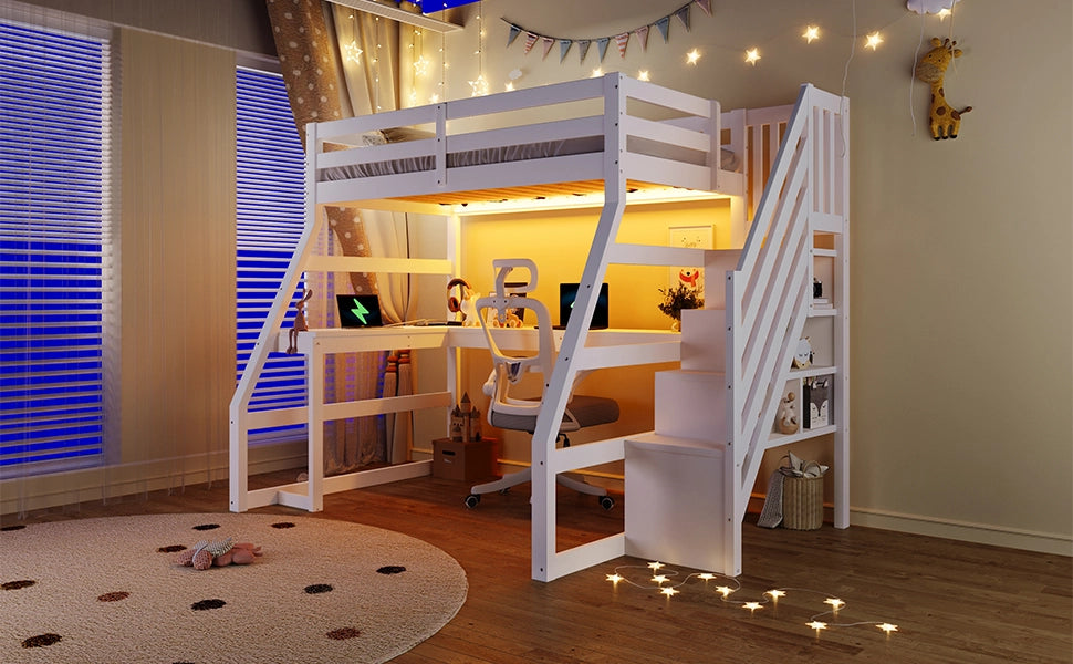 DESMIU Letto a soppalco 90 × 200 cm 1 posto con scrivania, LED, scala con contenitore, senza materasso, bianco