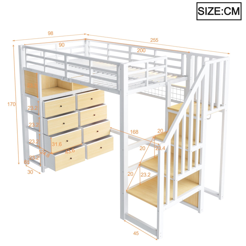 Letto a soppalco 90x200 cm con 8 cassetti, LED e scala in MDF e metallo bianco