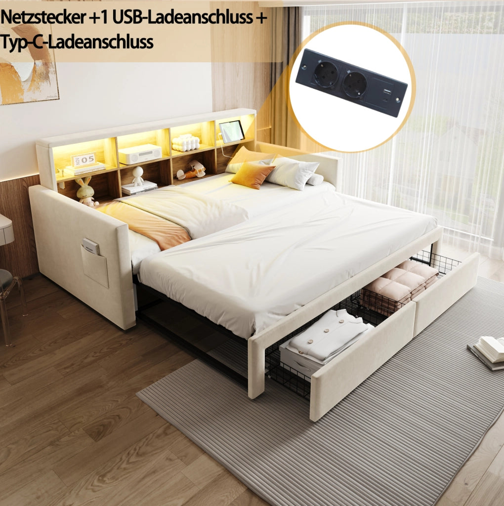 Letto imbottito estraibile 90x190/180x190 cm beige con LED