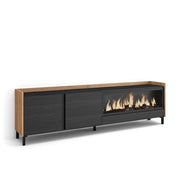 Mobile TV Soggiorno, 212x61x35 cm, Per TV fino a 80", Camino elettrico XXL, Design industriale, Nero e rovere