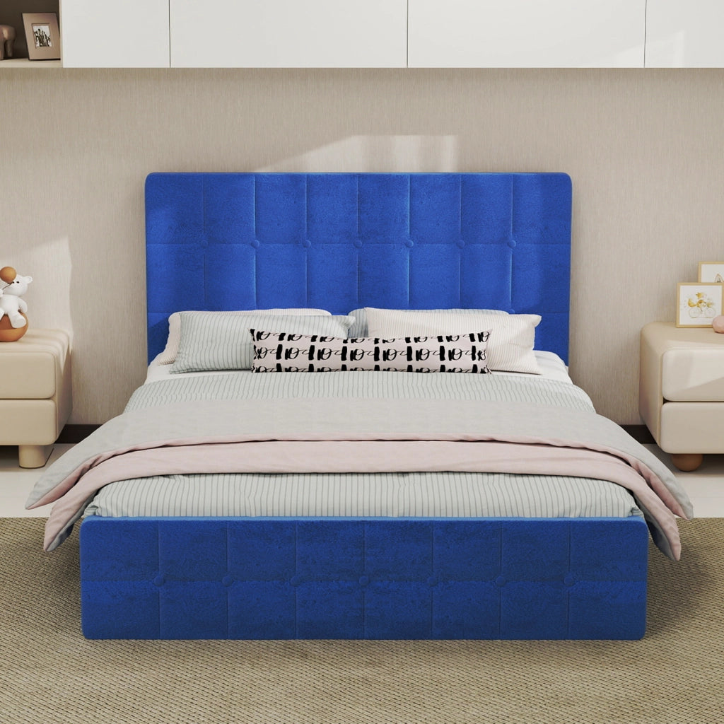 DESMIU Letto matrimoniale 140 × 200 cm 2 posti con testiera capitonnè, senza materasso, in velluto, blu